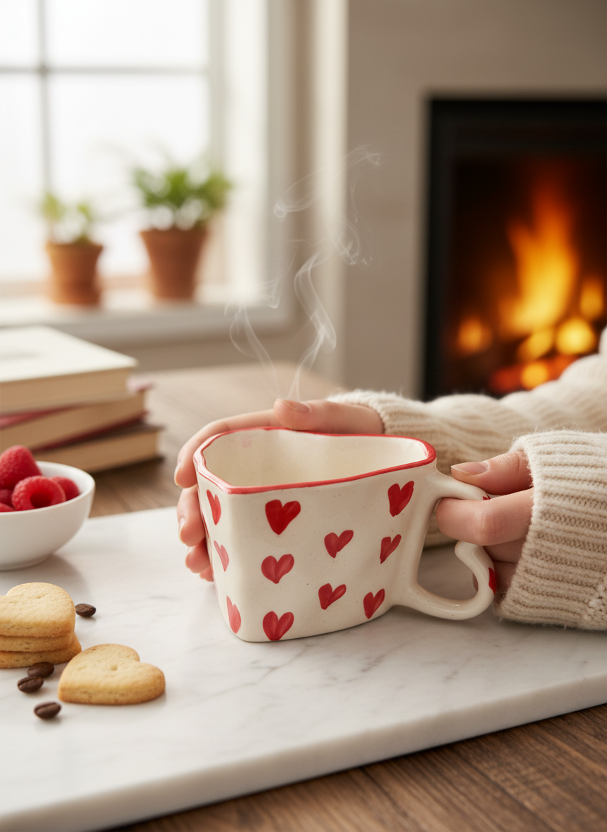 Pink Heart-Shaped Ceramic Mug – Artisanal Coffee & Tea Cup